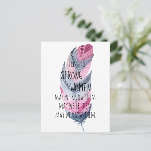 Strong Women Watercolor Pink Gray Boho Feather Postcard