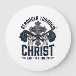 Stronger Through Christ Christian Gym T-Shirt Large Clock