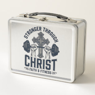 Stronger Through Christ Christian Gym T-Shirt Metal Lunch Box