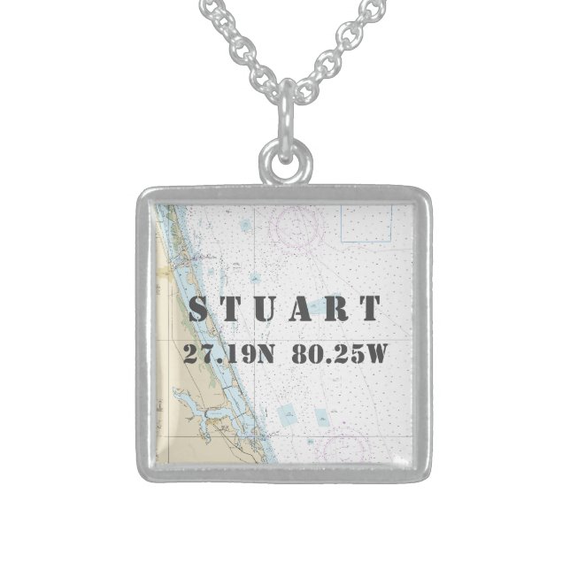 Stuart FL Latitude Longitude Authentic Nautical Sterling Silver Necklace (Front)