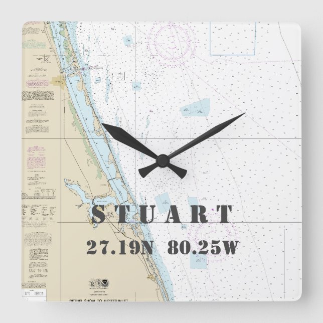 Stuart FL Latitude Longitude Nautical Chart Square Wall Clock (Front)