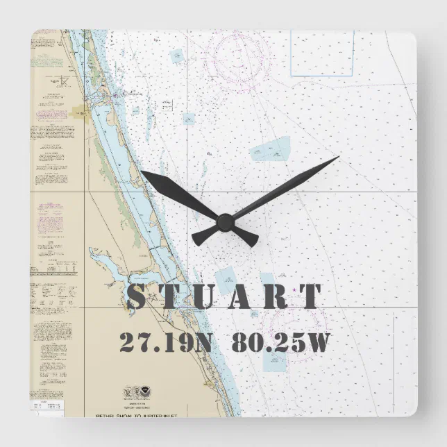 Stuart FL Latitude Longitude Nautical Chart Square Wall Clock Zazzle