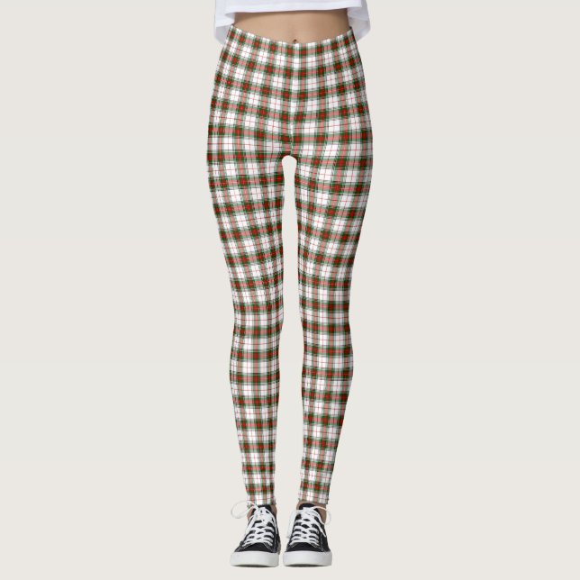 Stuart / Stewart tartan white red green plaid Leggings (Front)