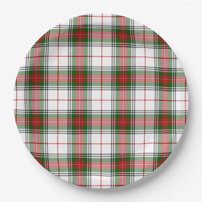 Stuart / Stewart tartan white red green plaid Paper Plates (Front)