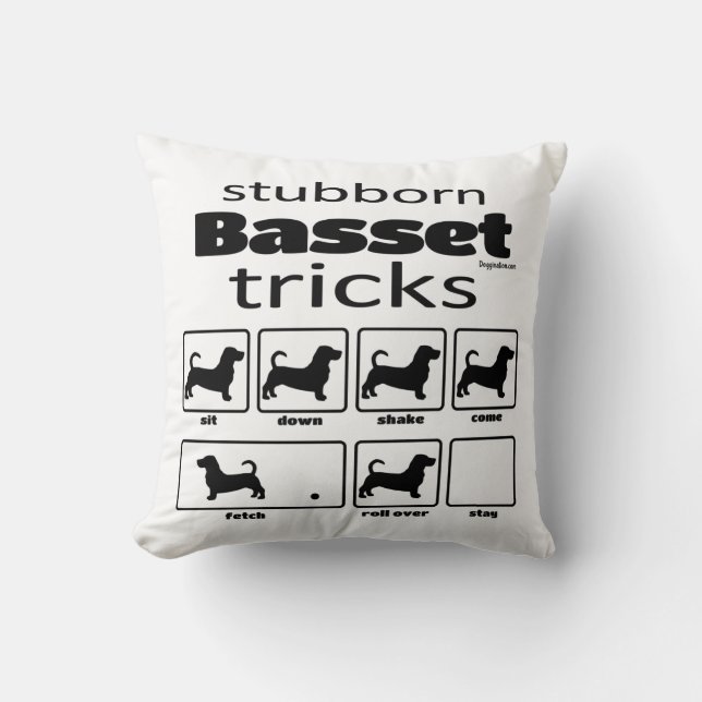 Stubborn Basset Tricks Throw Pillow (Front)