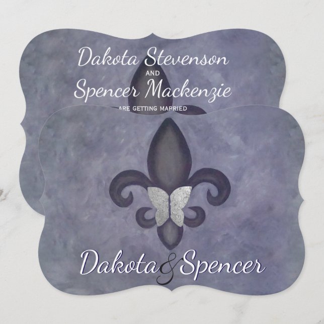 Stubborn Purple Fleur de Lis Silver Butterfly Invitation (Front/Back)