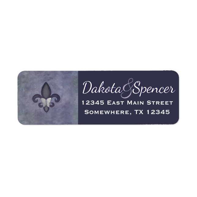 Stubborn Purple Fleur de Lis Silver Butterfly Label (Front)