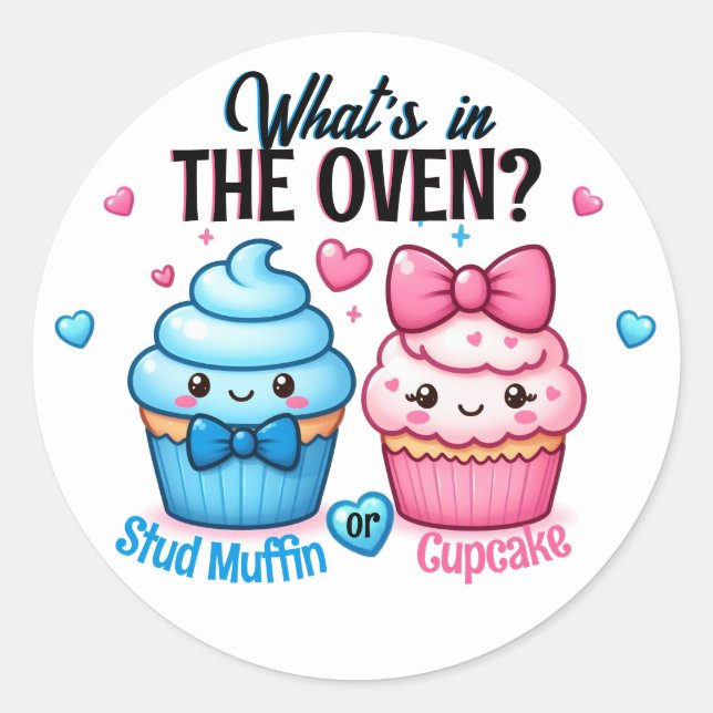Stud Muffin or Cupcake Pink or Blue Gender Reveal Classic Round Sticker (Front)