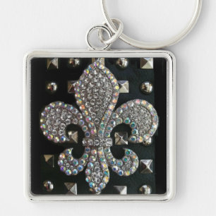 Studded fleur de lis print case keychain