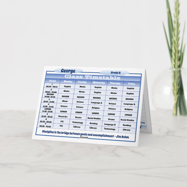 Student Class Timetable Assignment Exams Tracker Card (Back)