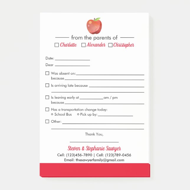 Student Excuse Notes for School  Notepad (Front)