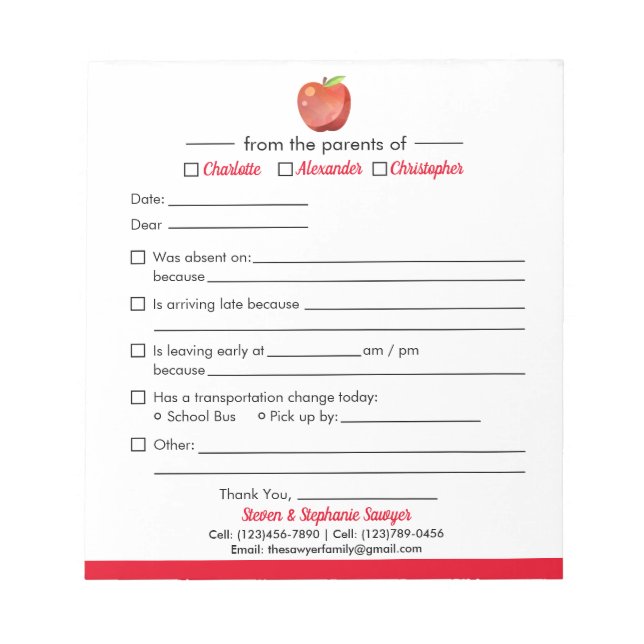 Student Excuse Notes for School Notepad (Front)