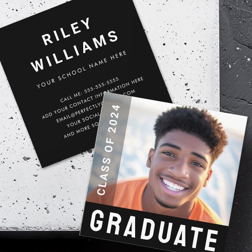 Student graduation networking photo modern black square business card