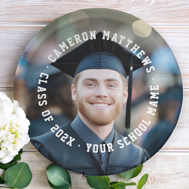 Student graduation photo college jersey font paper plates (Student graduation photo college jersey font paper plates)