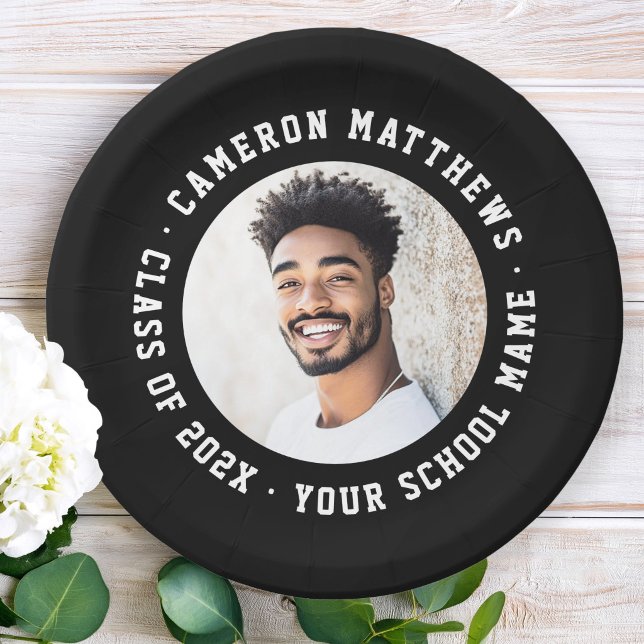 Student graduation photo modern black paper plates (Student graduation photo modern black paper plates)