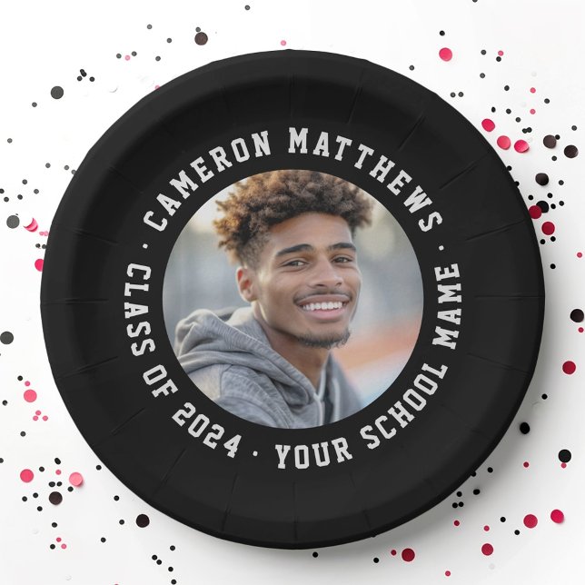 Student graduation photo modern black paper plates (Student graduation photo modern black paper plates)