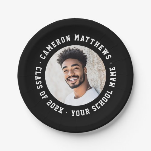 Student graduation photo modern black paper plates