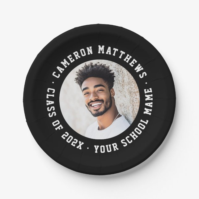 Student graduation photo modern black paper plates (Front)