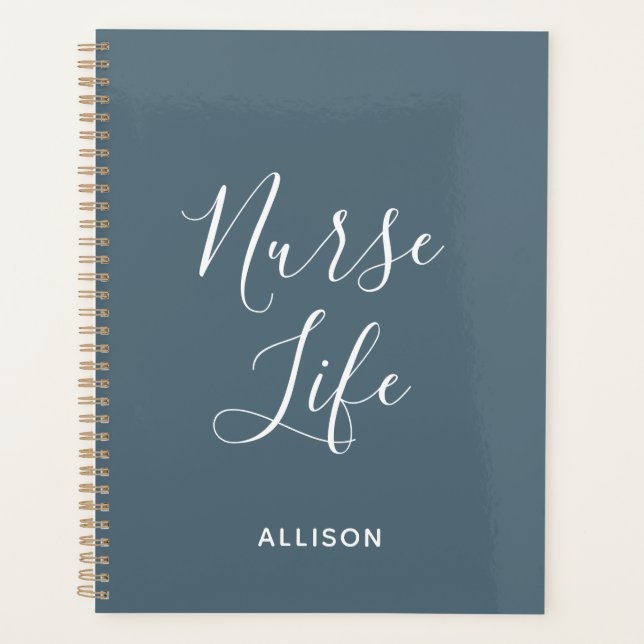 Student Nurse Dusty Blue White Script Personalized Planner (Front)