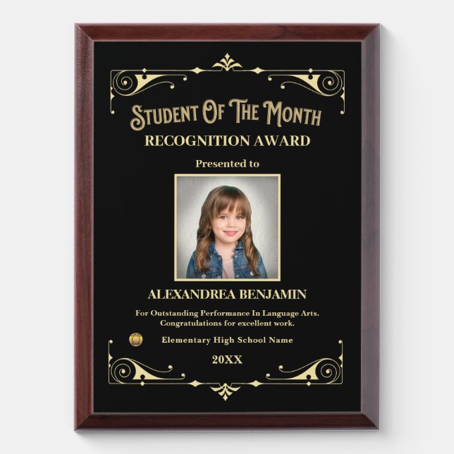 Student Of The Month Photo School Gold Custom  Award Plaque (Vertical)