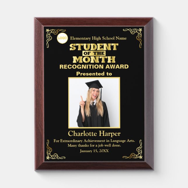 Student Of The Month Recognition Photo, gold black Award Plaque (Vertical)