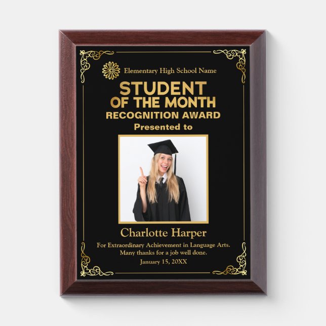 Student Of The Month Recognition Photo, gold black Award Plaque (Vertical)