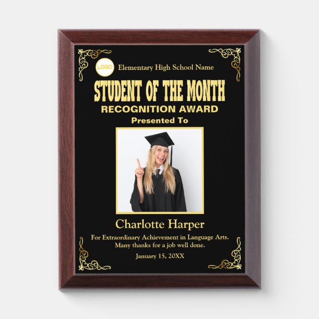Student Of The Month Recognition Photo, gold black Award Plaque (Vertical)