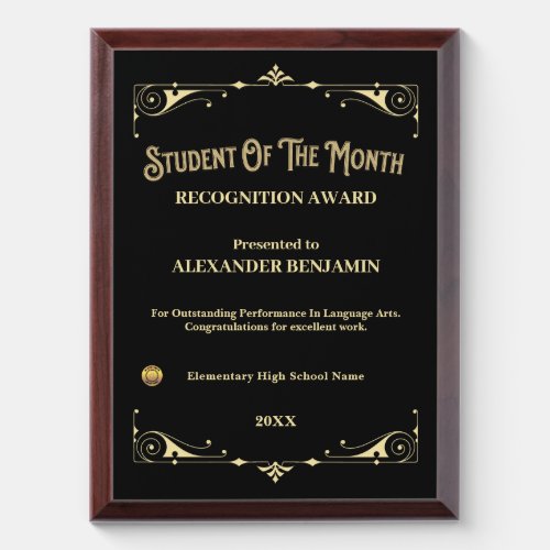 Student Of The Month School Gold Personalize Award Plaque