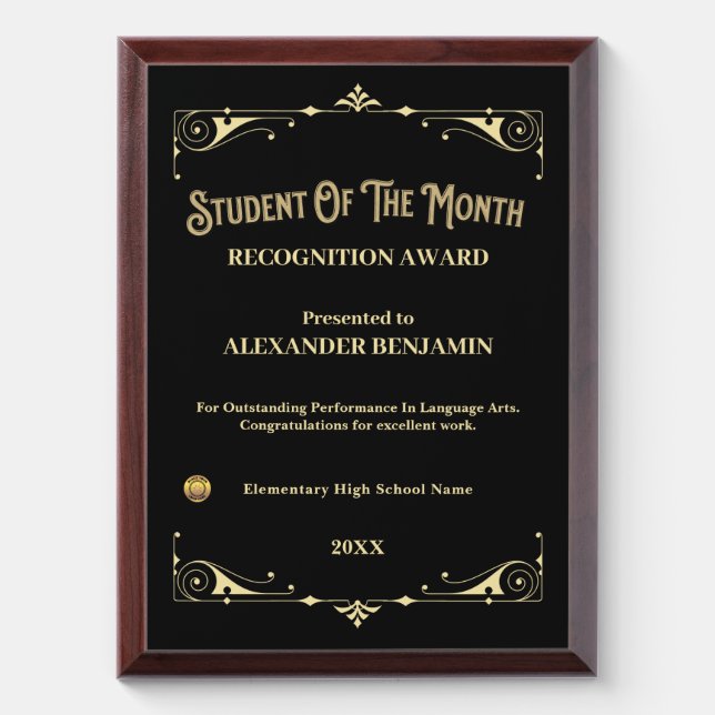 Student Of The Month School Gold Personalize Award Plaque (Vertical)