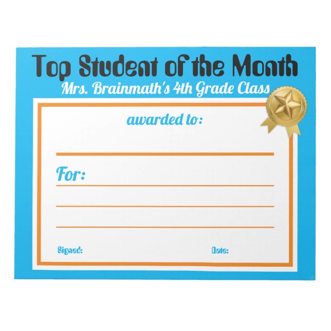 Student of the month teacher certificate award notepad (Front)