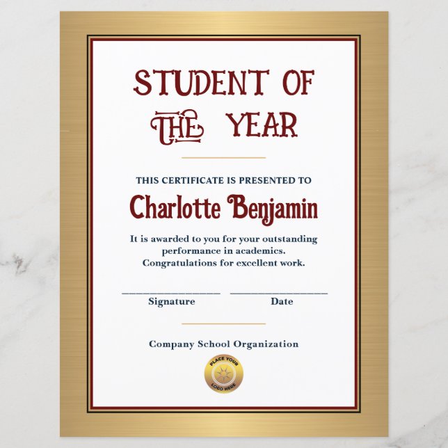 Student Of The Year Achievement Certificate Custom (Front)