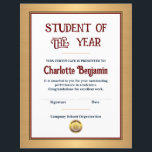 Student Of The Year Achievement Certificate Custom<br><div class="desc">Student Of The Year Achievement Certificate Custom Award is great to give to your students to show your appreciation for the hard work they have done. The certificate can be personalize with your information about the student and what they are being recognized for. Personalize it.</div>