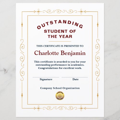 Student Of The Year Achievement Certificate Custom