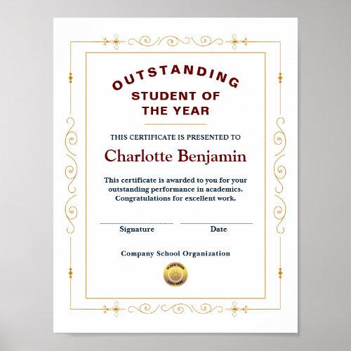 Student Of The Year Achievement Certificate Custom Poster