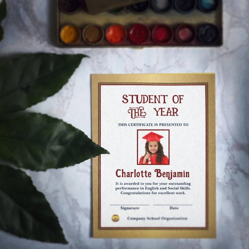 Student Of The Year Photo Certificate Custom