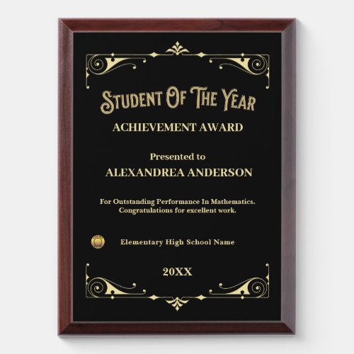 Student Of The Year School Gold Personalize Award Plaque