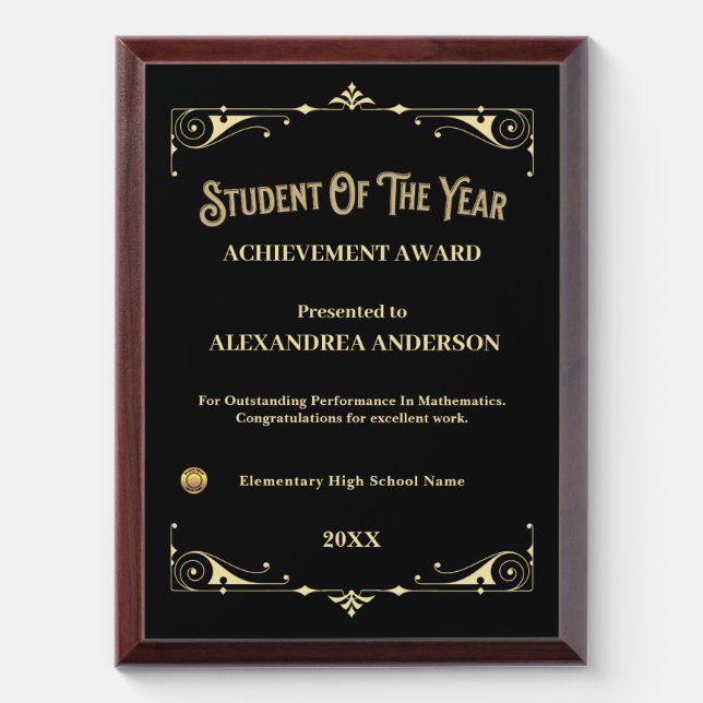 Student Of The Year School Gold Personalize Award Plaque (Vertical)