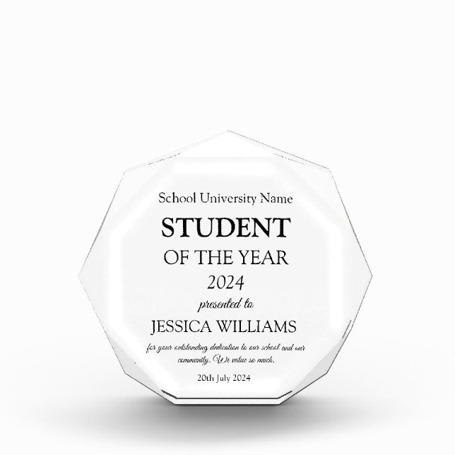 Student of the Year Teaching Education School  Acrylic Award (Front)