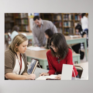 Student talking to librarian in school library poster
