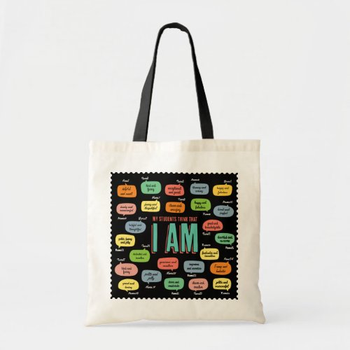 students describing teacher in 25 speech bubbles tote bag