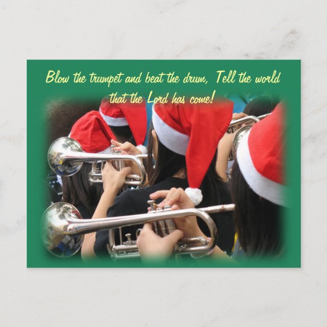 Students in Santa Hats Blow Christmas Trumpets Holiday Postcard (Front)