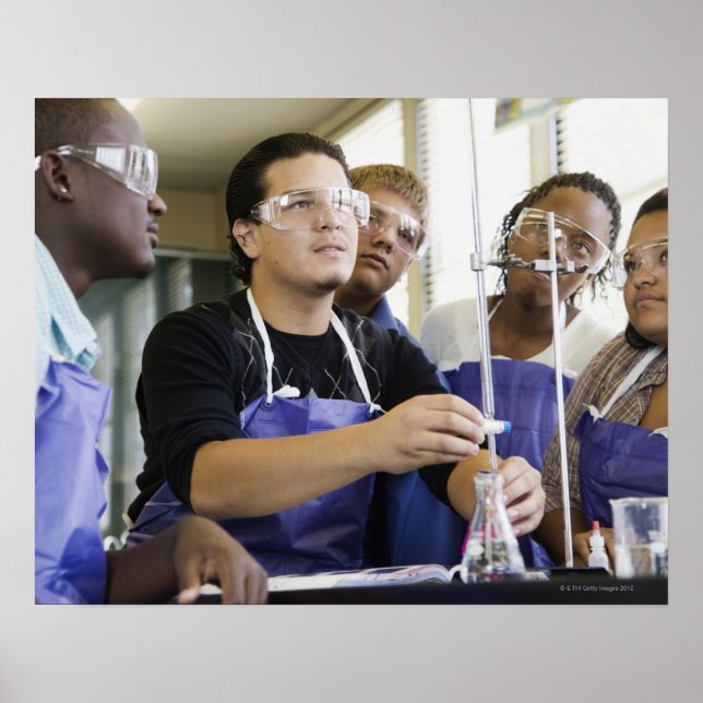 Students performing experiment in chemistry lab poster (Front)