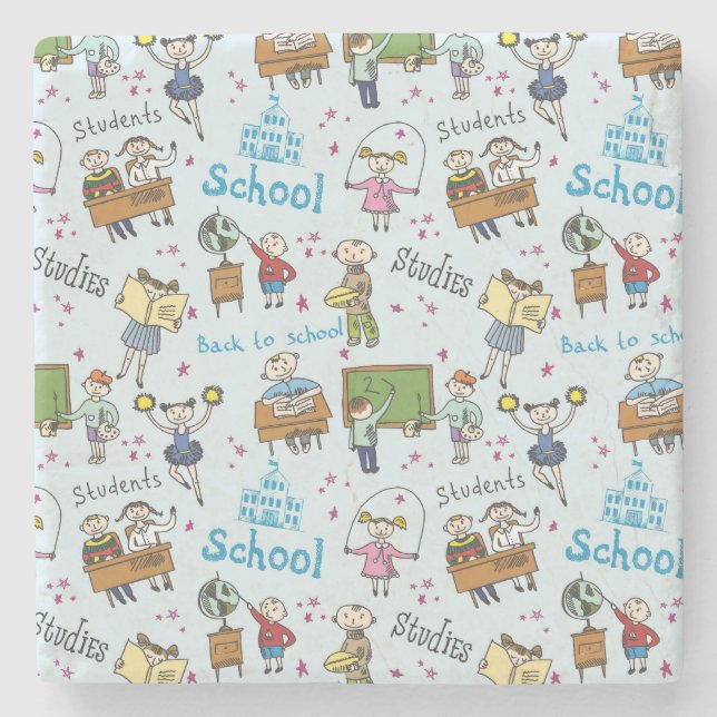 Students, School, & Studies Cartoon Pattern Stone Coaster (Front)