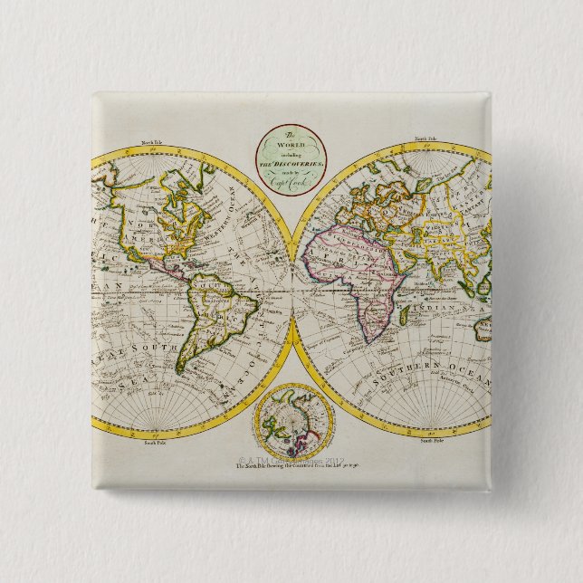 Studio shot of antique world map pinback button (Front)