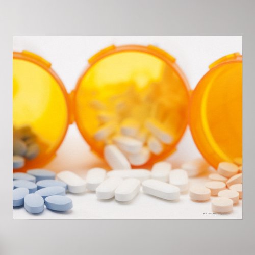 Studio shot of medicine bottle with pills poster