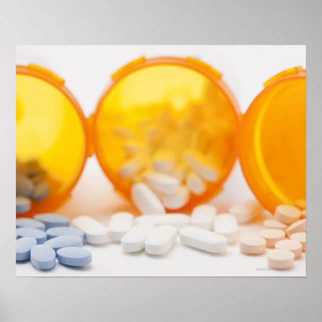 Studio shot of medicine bottle with pills poster (Front)