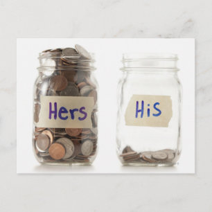 Studio shot of two jars with coins labeled postcard