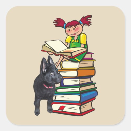 Study Buddy GSD Puppy  School Girl on Books Square Sticker