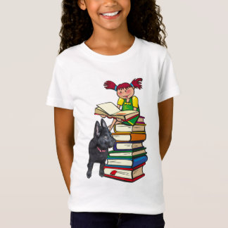 Study Buddy GSD Puppy & School Girl on Books T-Shirt
