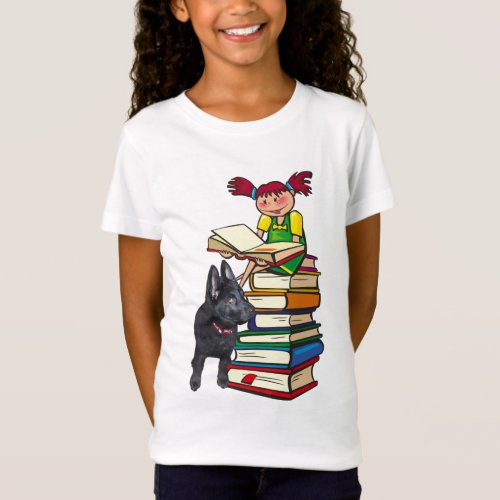 Study Buddy GSD Puppy  School Girl on Books T_Shirt